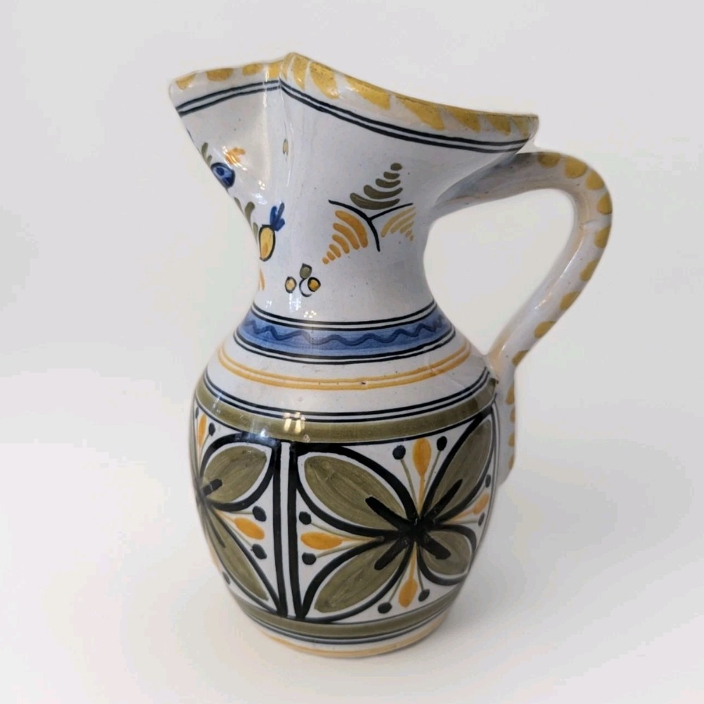 Vintage Hand Painted Spanish Talavera Style Pitcher Mediterranean Floral Pottery